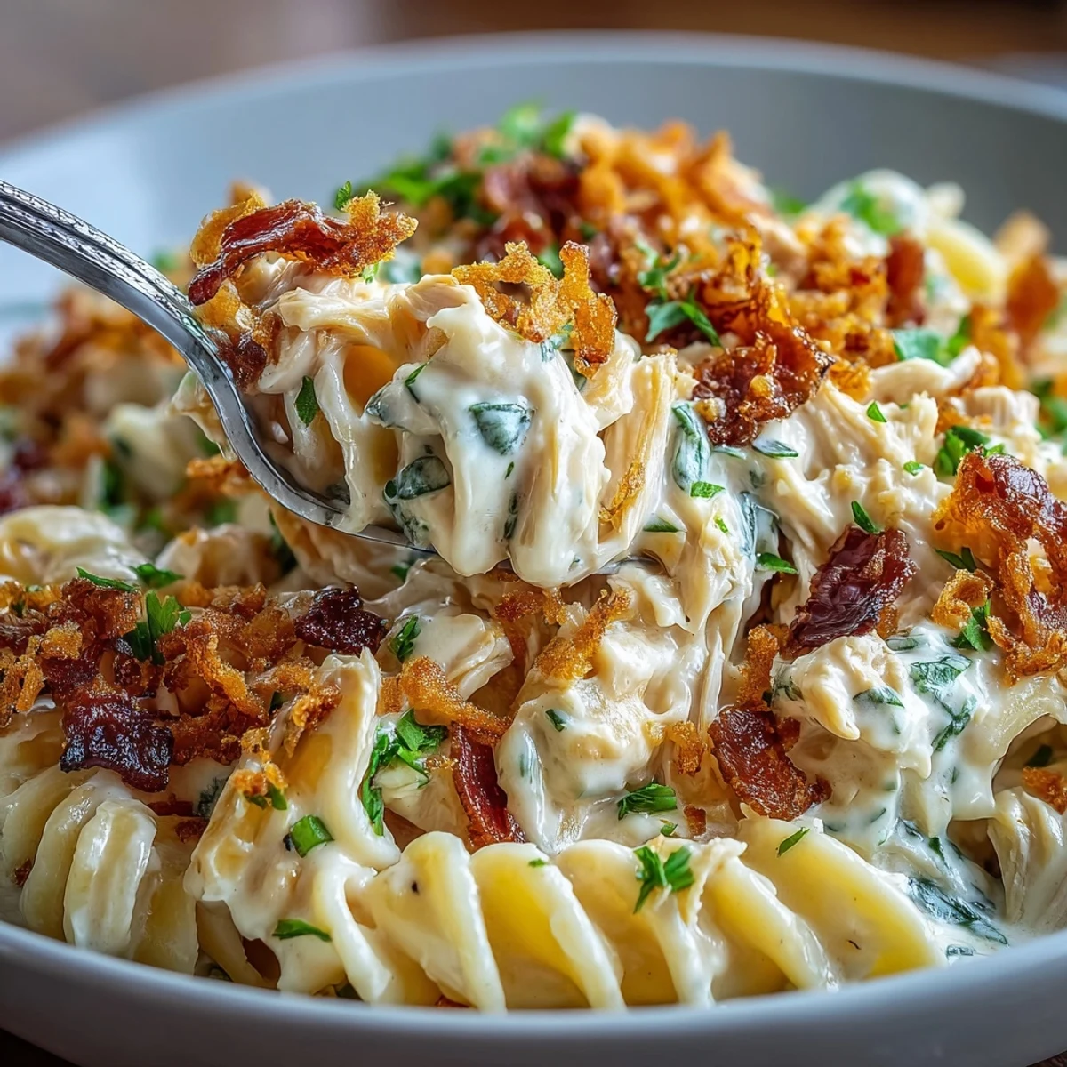 Fork twirling through creamy jalapeño popper chicken pasta with shredded chicken, bacon, and spicy cheese sauce.