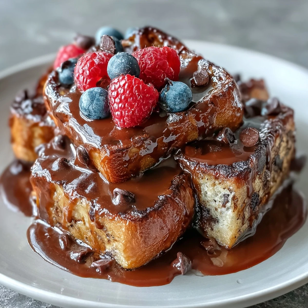 Warm slices of High-Protein Peanut Butter & Chocolate Baked French Toast topped with melted peanut butter drizzle and fresh berries.