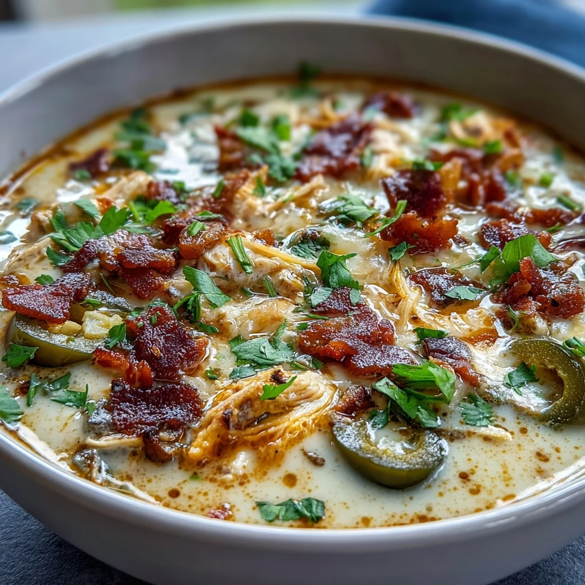 Steam rises from a ladle of Spicy Jalapeño Popper Chicken Soup with melted cheddar cheese.
