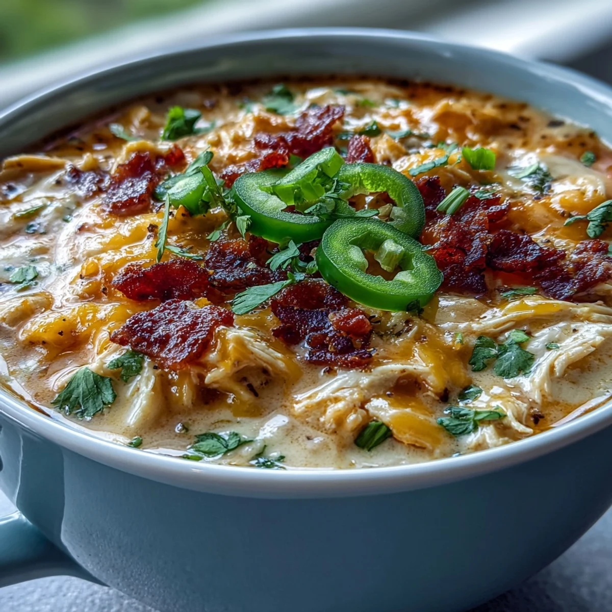 A comforting bowl of Spicy Jalapeño Popper Chicken Soup served with crusty bread for dipping.