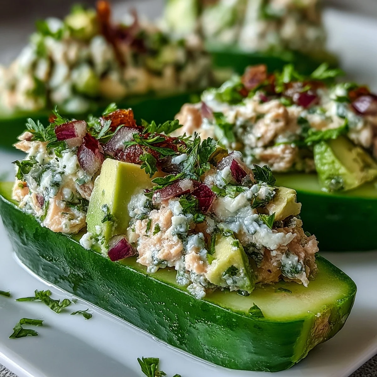 Freshly prepared 10-Minute Tuna Avocado Cucumber Boats served chilled on a platter with extra herbs.