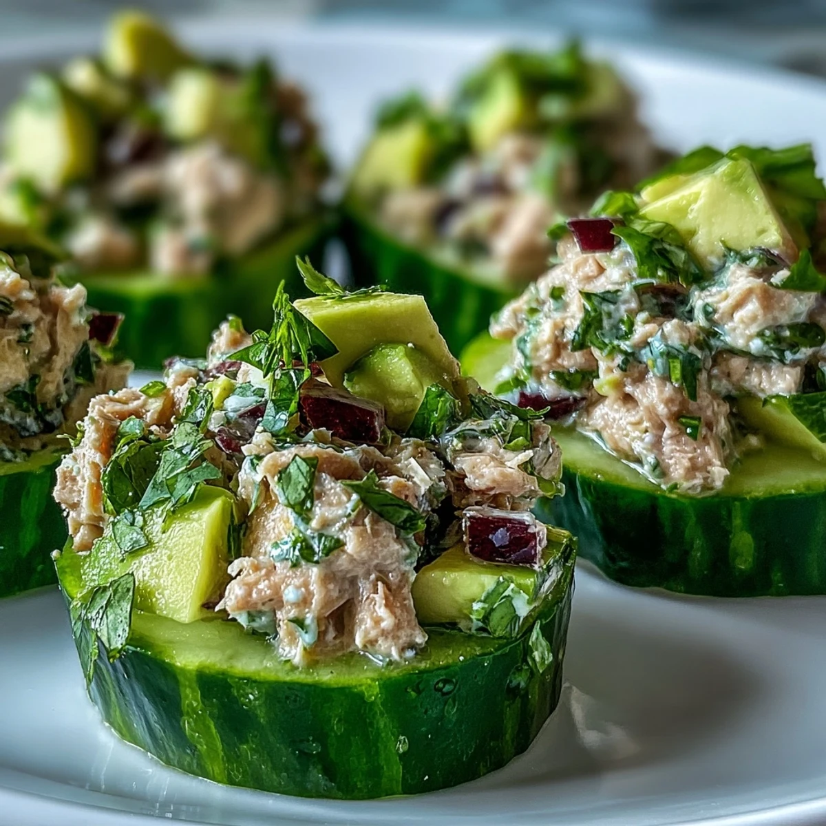 Healthy 10-Minute Tuna Avocado Cucumber Boats with a creamy filling and crisp, green cucumber halves.