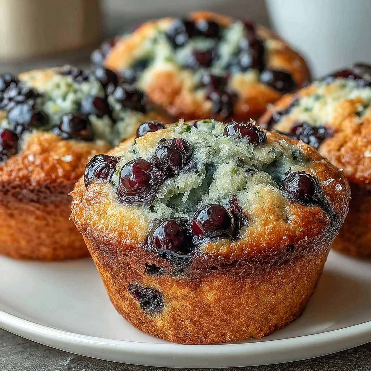 Fluffy Vegan Blueberry Lemon Protein Muffins displayed alongside a glass of almond milk for a healthy snack.
