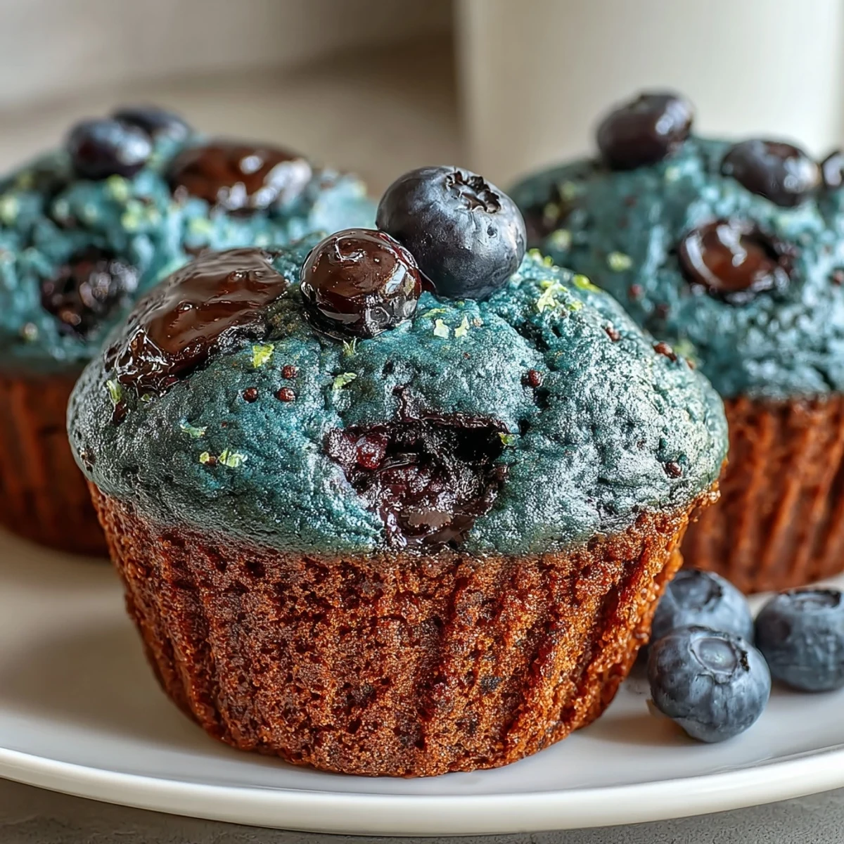 Twelve golden Vegan Blueberry Lemon Protein Muffins cool on a wire rack with visible zest and berries.