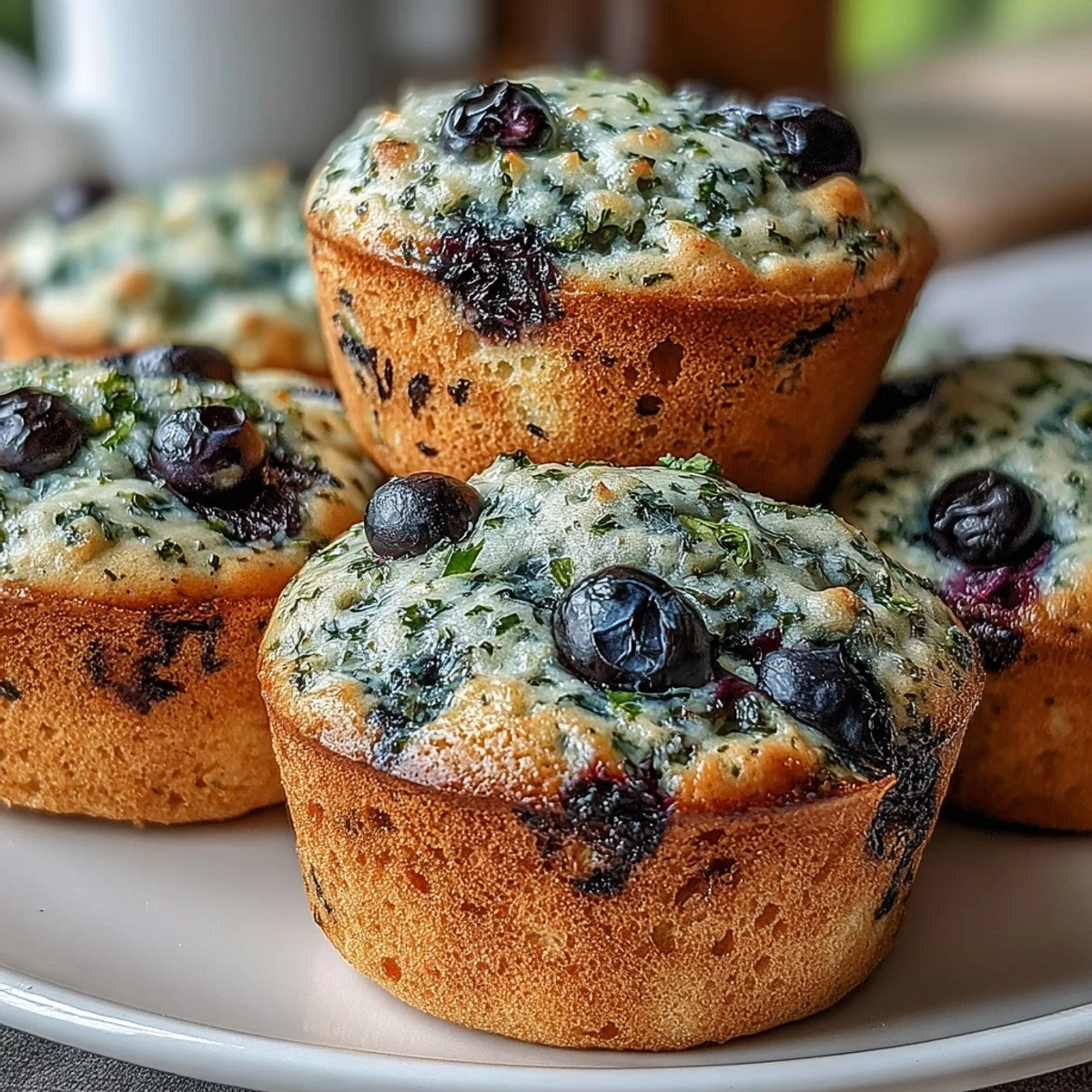 Freshly baked Vegan Blueberry Lemon Protein Muffins with cracked tops and juicy blueberries bursting from the crust.