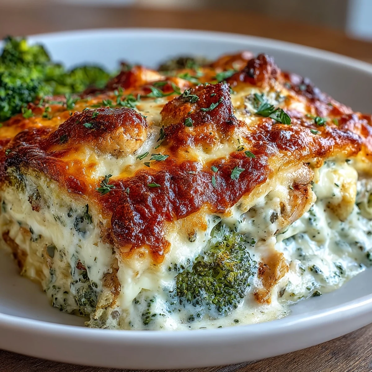 Golden, bubbly cheese tops the Keto Creamy Chicken and Broccoli Casserole fresh from the oven.