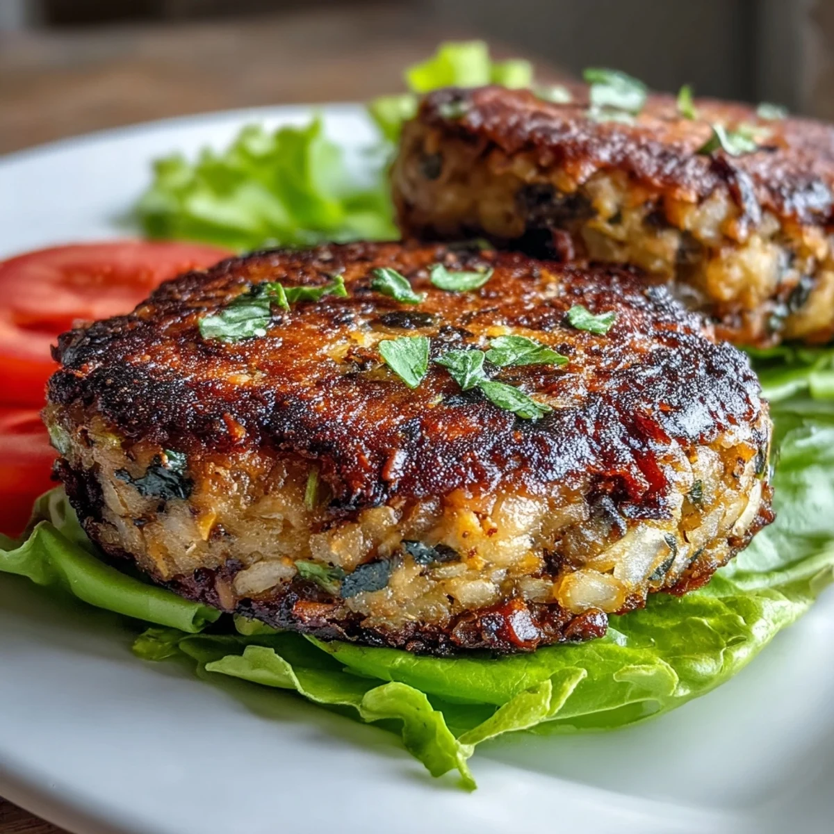 Delicious black-eyed pea burger patties, golden and crispy, served on a whole grain bun with fresh lettuce and tomato slices.