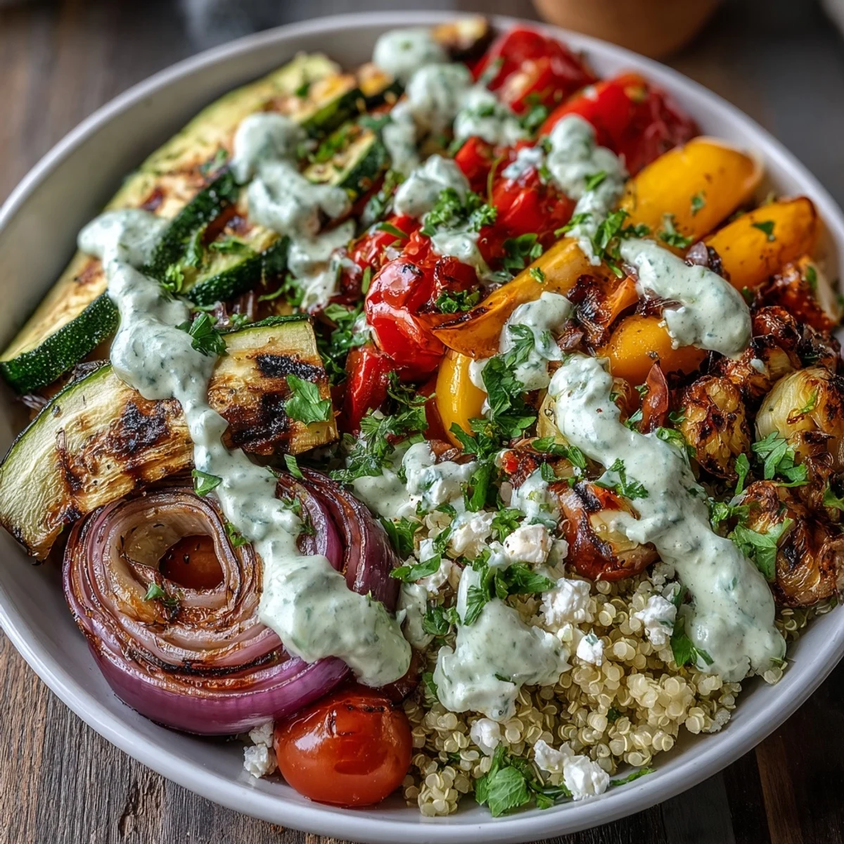 Serve Grilled Veggie and Quinoa Power Bowls with tahini drizzle for a nourishing vegetarian dinner.