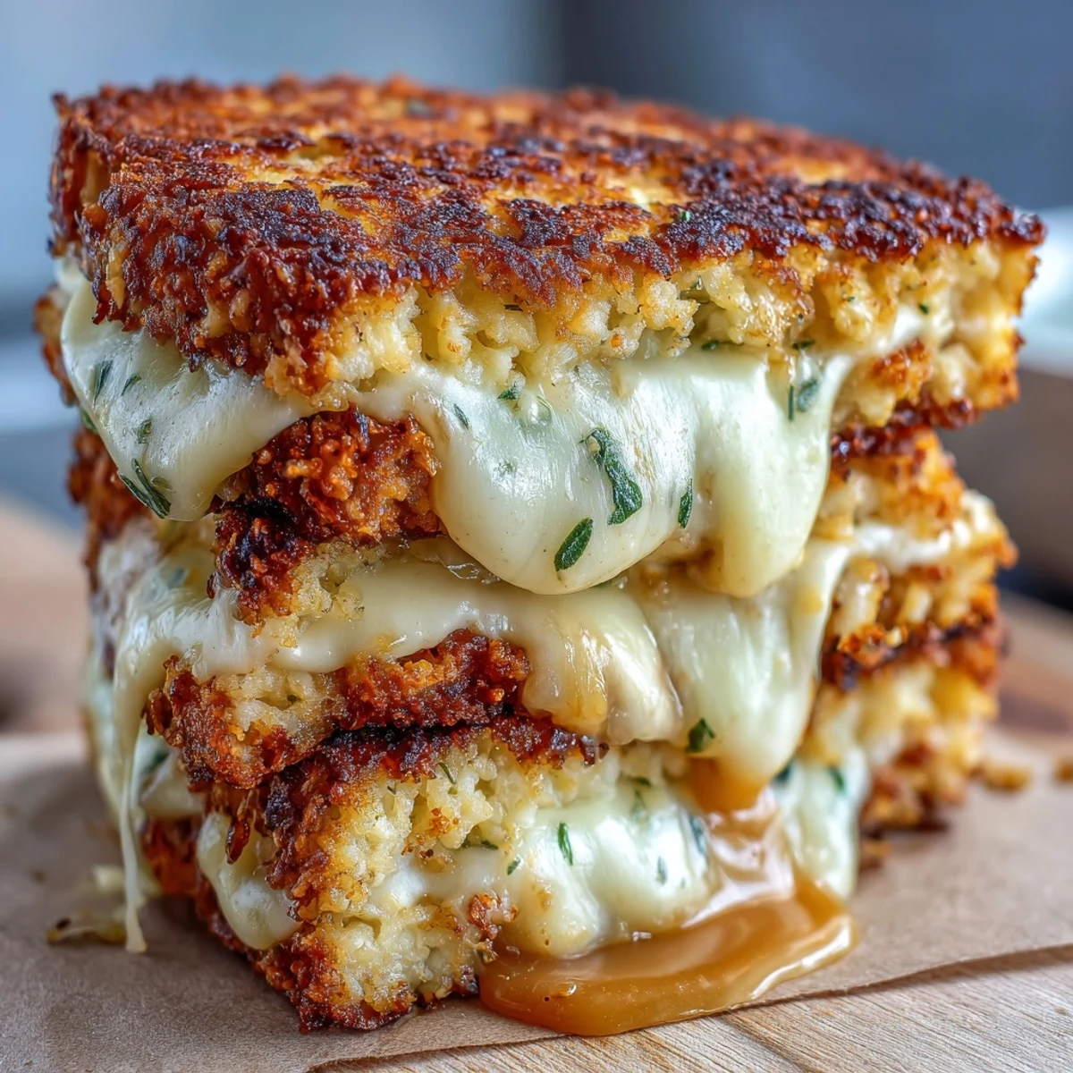 Golden toasted Keto Cheesy Cauliflower Bread Grilled Cheese sandwiches with gooey melted cheese oozing out.