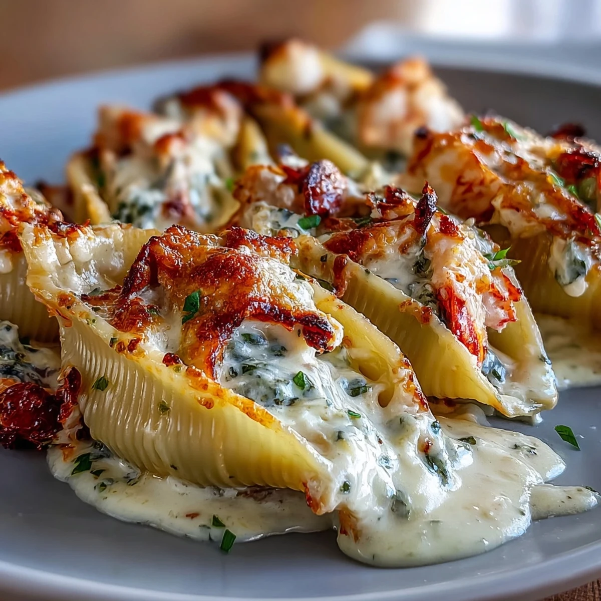 Creamy Seafood Stuffed Shells with lobster and crab in a rich Parmesan cheese sauce, baked to golden perfection.  