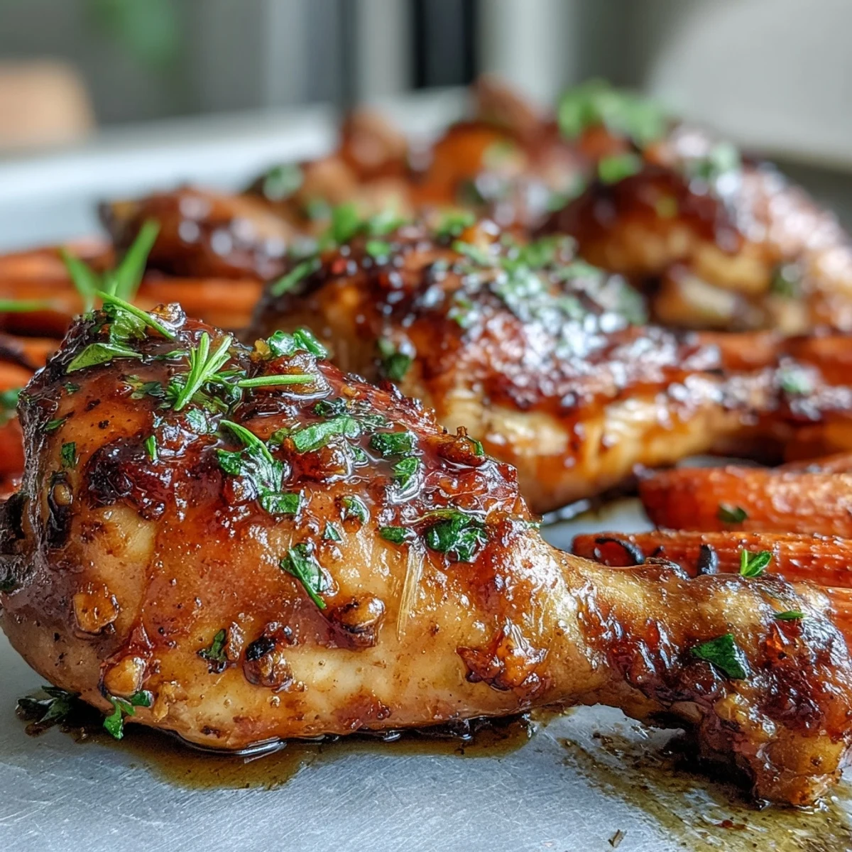 Roasted carrots alongside tender Sheet Pan Honey Garlic Chicken Drumsticks, served hot with fresh thyme garnish.