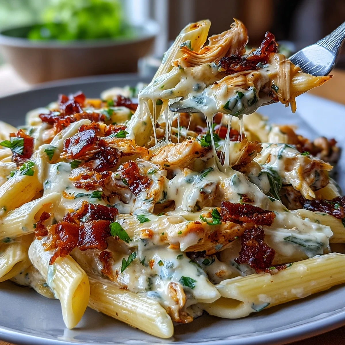 A comforting bowl of Creamy Jalapeño Popper Chicken Pasta topped with crispy bacon and fresh chives for extra flavor.