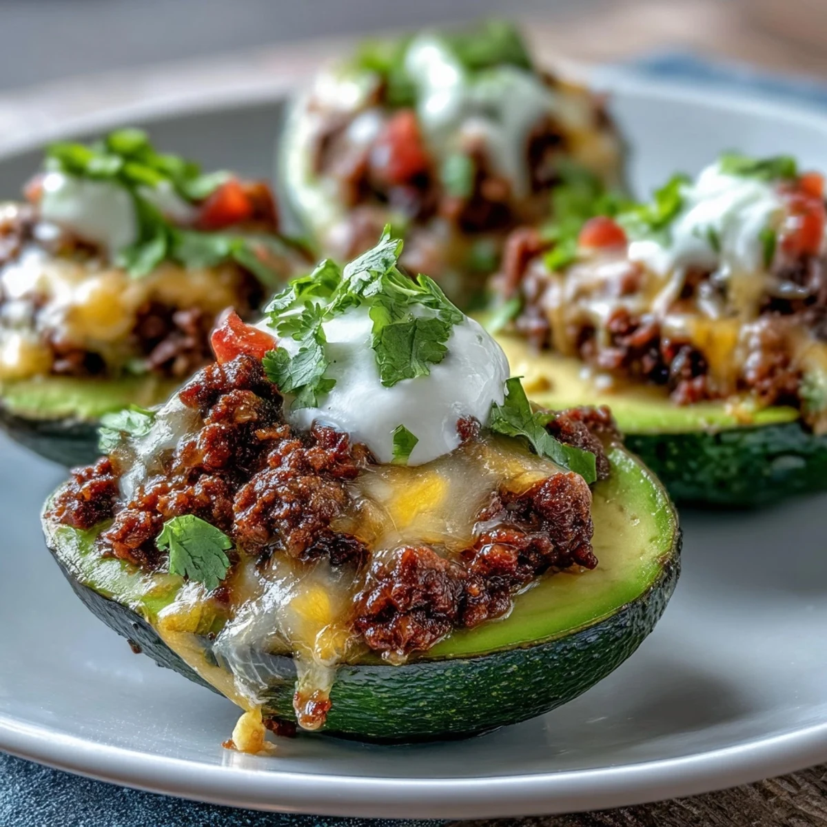 Creamy avocados filled with seasoned ground beef, melted cheese, and zesty salsa for a satisfying keto dinner.  