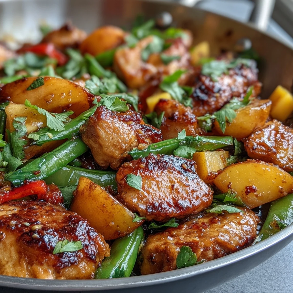 Fresh mango and turmeric chicken stir-fry with tender vegetables, served hot with fragrant herbs and sesame garnish.