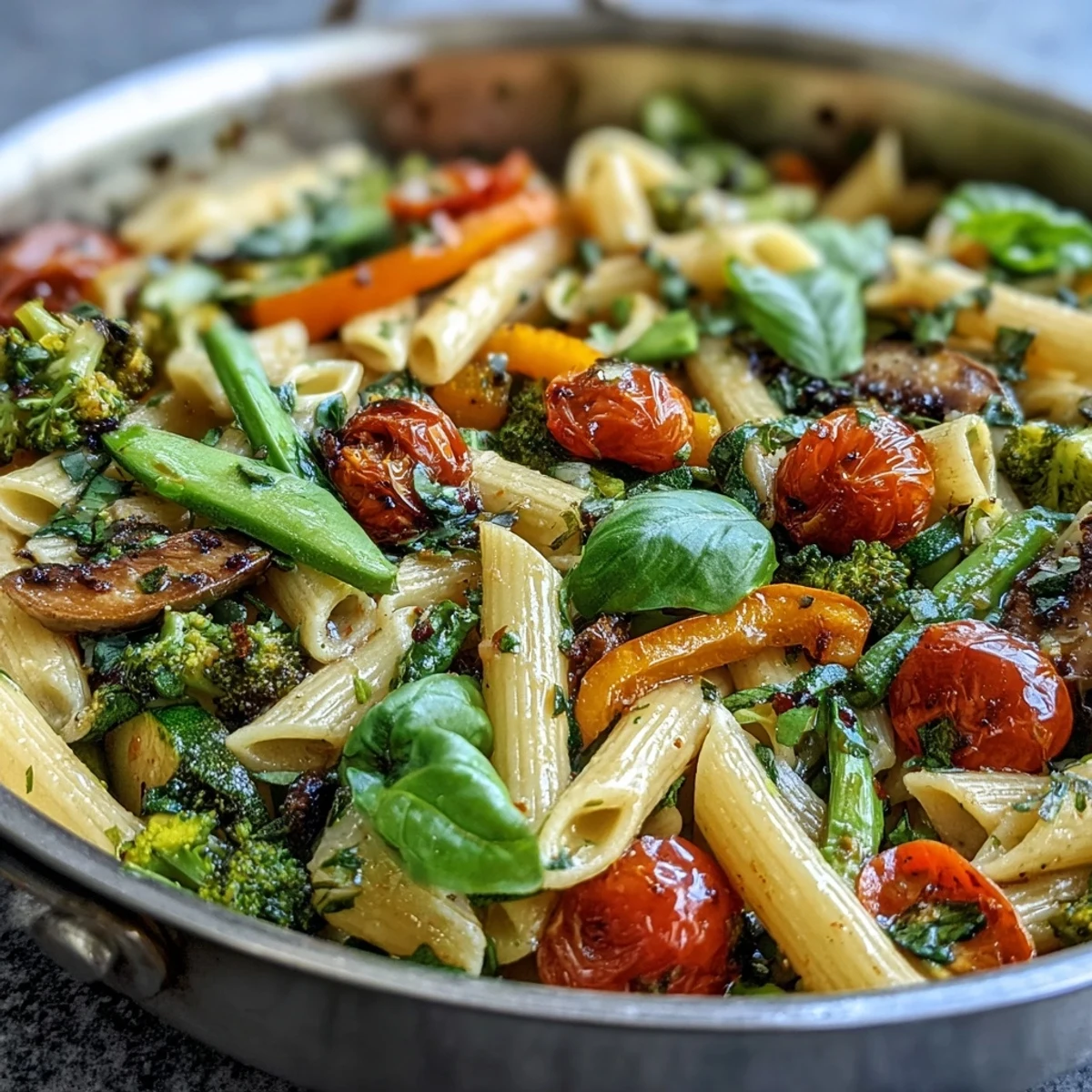 A colorful one-pot vegan pasta primavera featuring tender vegetables, al dente pasta, and bright lemon zest for a fresh, satisfying meal.
