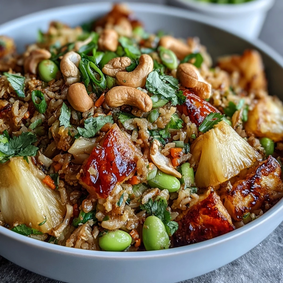 A vibrant bowl of vegan pineapple fried rice with cauliflower and edamame, garnished with fresh cilantro and lime wedges for a burst of flavor.