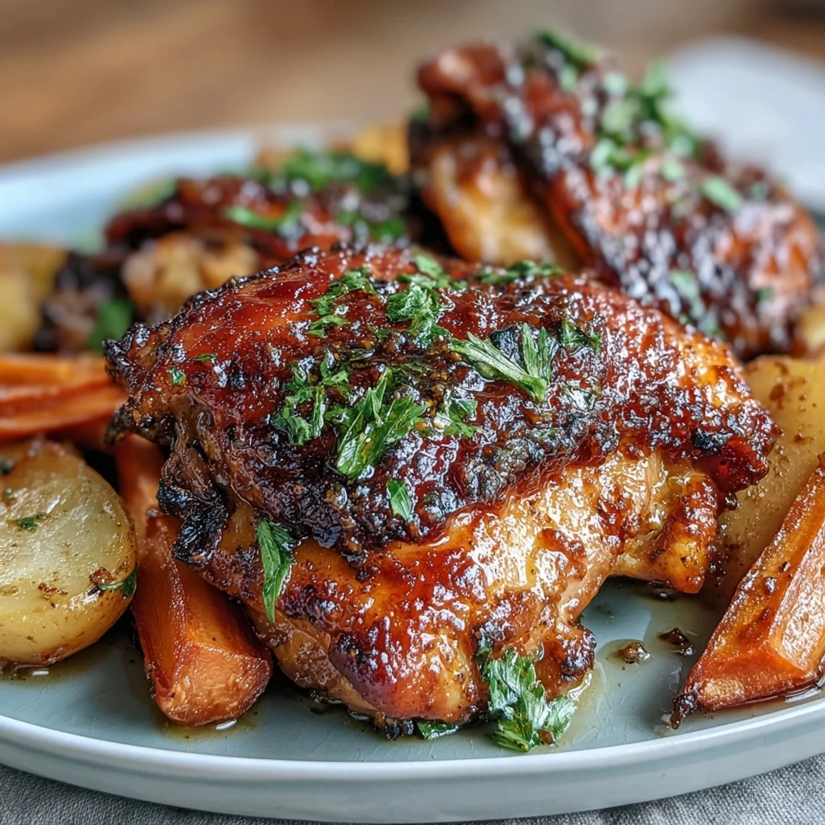 Golden honey mustard chicken thighs roast alongside tender carrots and crispy baby potatoes in this one-pan dinner.  