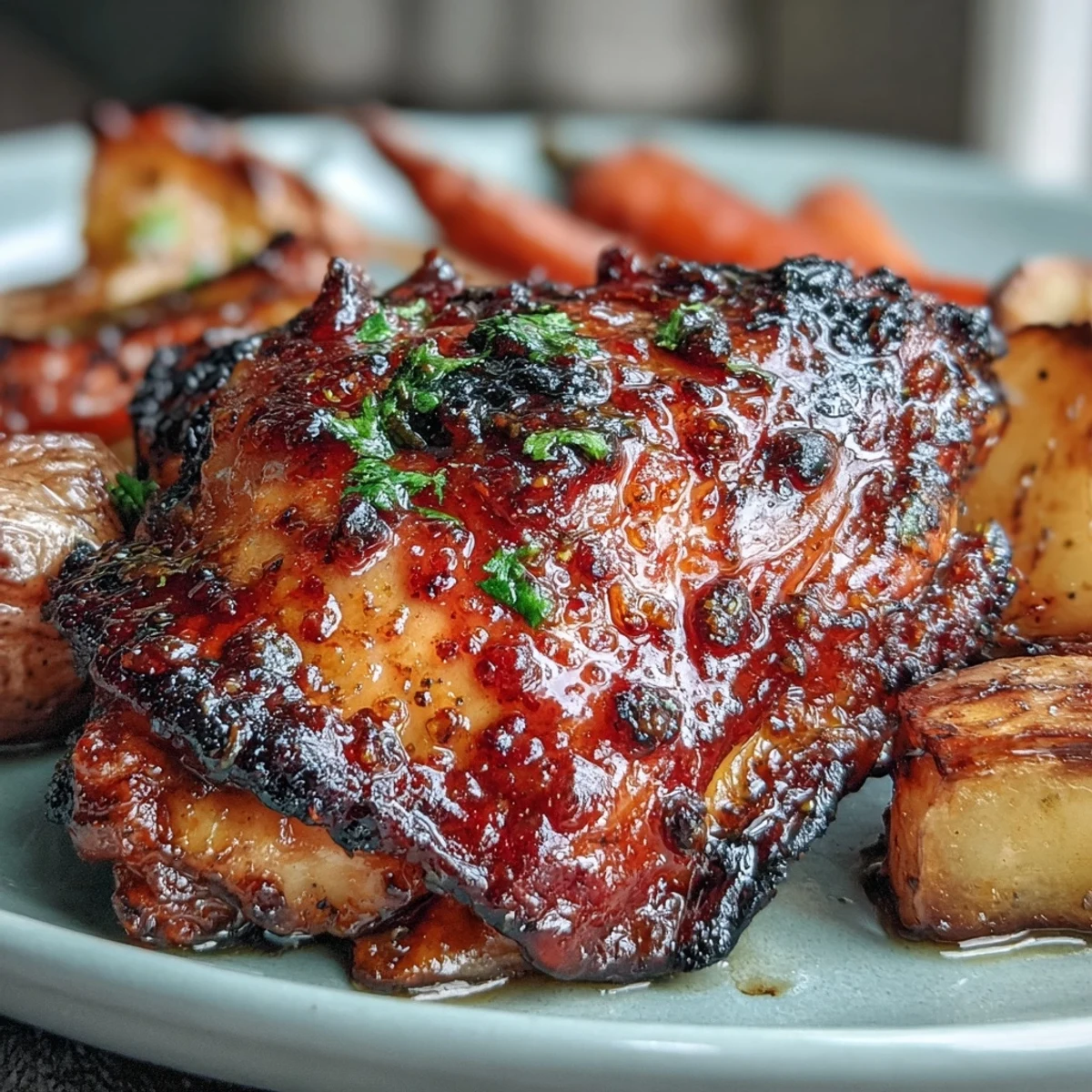 Family-friendly sheet pan meal with honey mustard chicken, carrots, and potatoes baked to golden perfection.