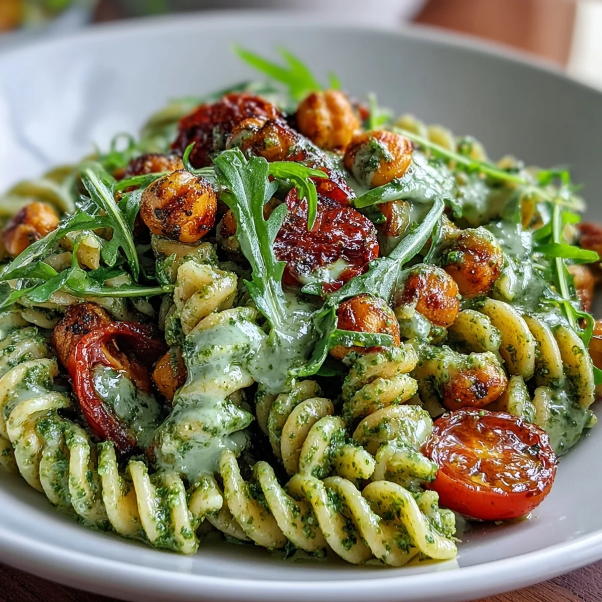 Creamy vegan pesto coats tender pasta and chickpeas, mixed with arugula and vegetables for a satisfying, plant-based dish.