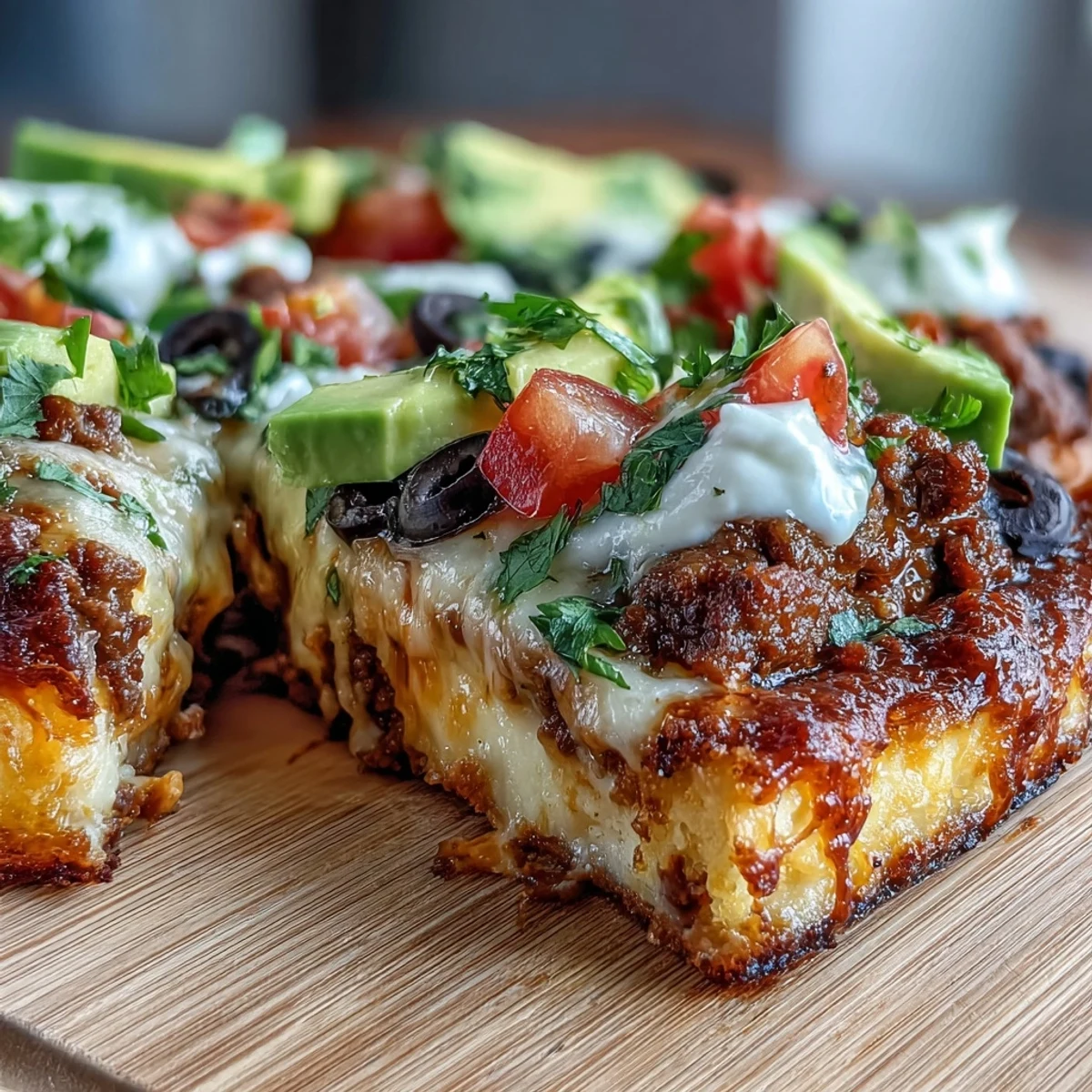 Keto taco pizza with a golden, crispy cheese crust topped with seasoned ground beef, fresh vegetables, and creamy avocado slices.