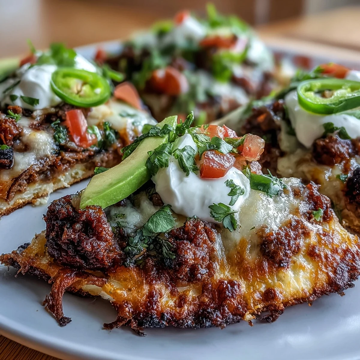 Crispy cheddar and mozzarella crust pizza loaded with taco meat, black olives, red onion, and dollops of sour cream.