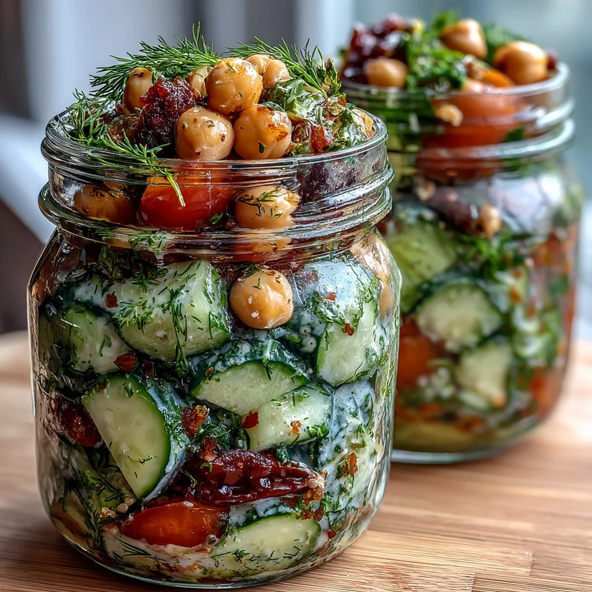 Layered citrus herb chickpea salad jars with vibrant vegetables, aromatic parsley and mint, perfect for healthy, on-the-go lunches or meal prep.