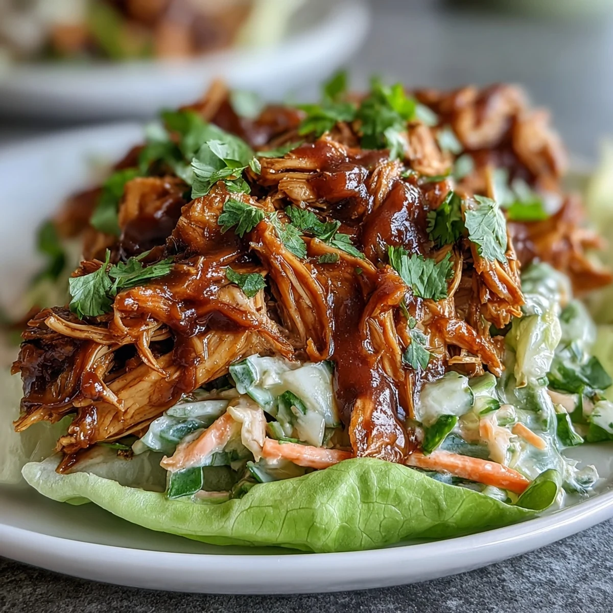 Vegan BBQ Jackfruit Lettuce Tacos with Creamy Slaw served on crisp lettuce leaves, topped with tangy slaw and fresh cilantro.