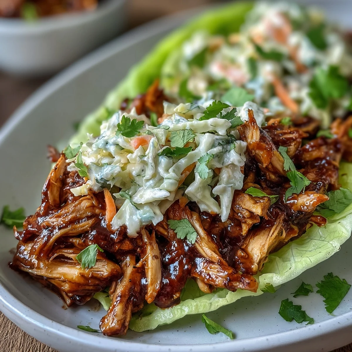 Smoky BBQ jackfruit piled into fresh lettuce cups, garnished with vibrant purple cabbage slaw and lime wedges for zesty flavor.