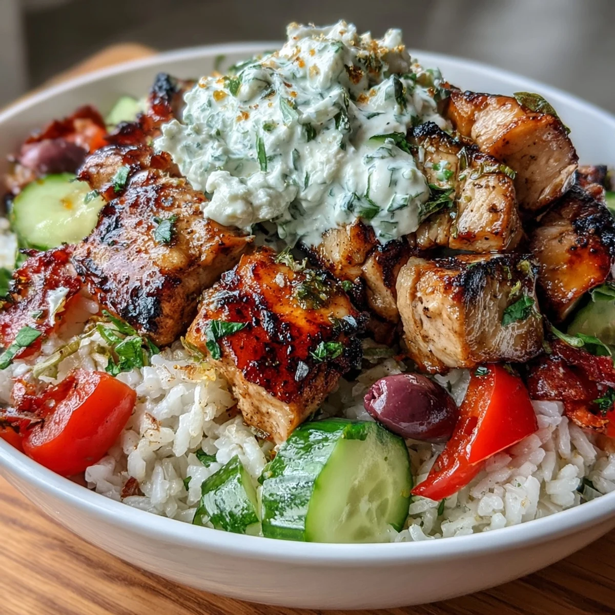 Vibrant Greek chicken souvlaki bowl with grilled marinated chicken, fresh veggies, and creamy tzatziki.  