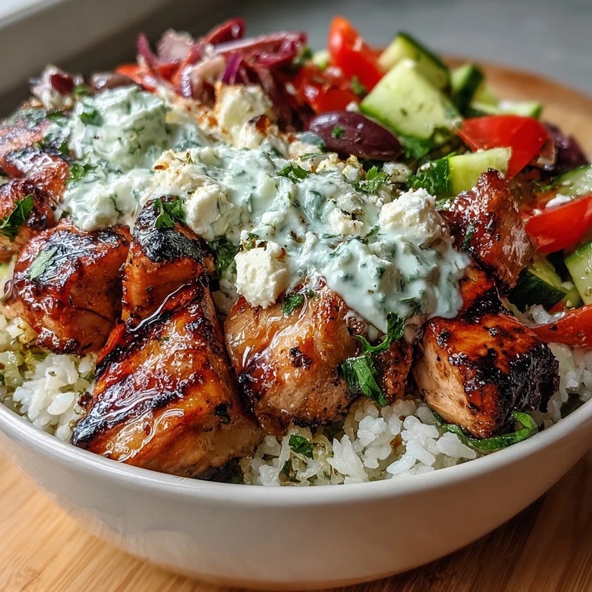 Flavorful grilled chicken souvlaki served over rice with homemade tzatziki and colorful fresh vegetables.