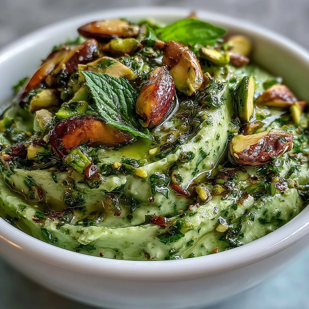 A vibrant green pistachio pesto with fresh basil, garlic, and Parmesan in a food processor.  
