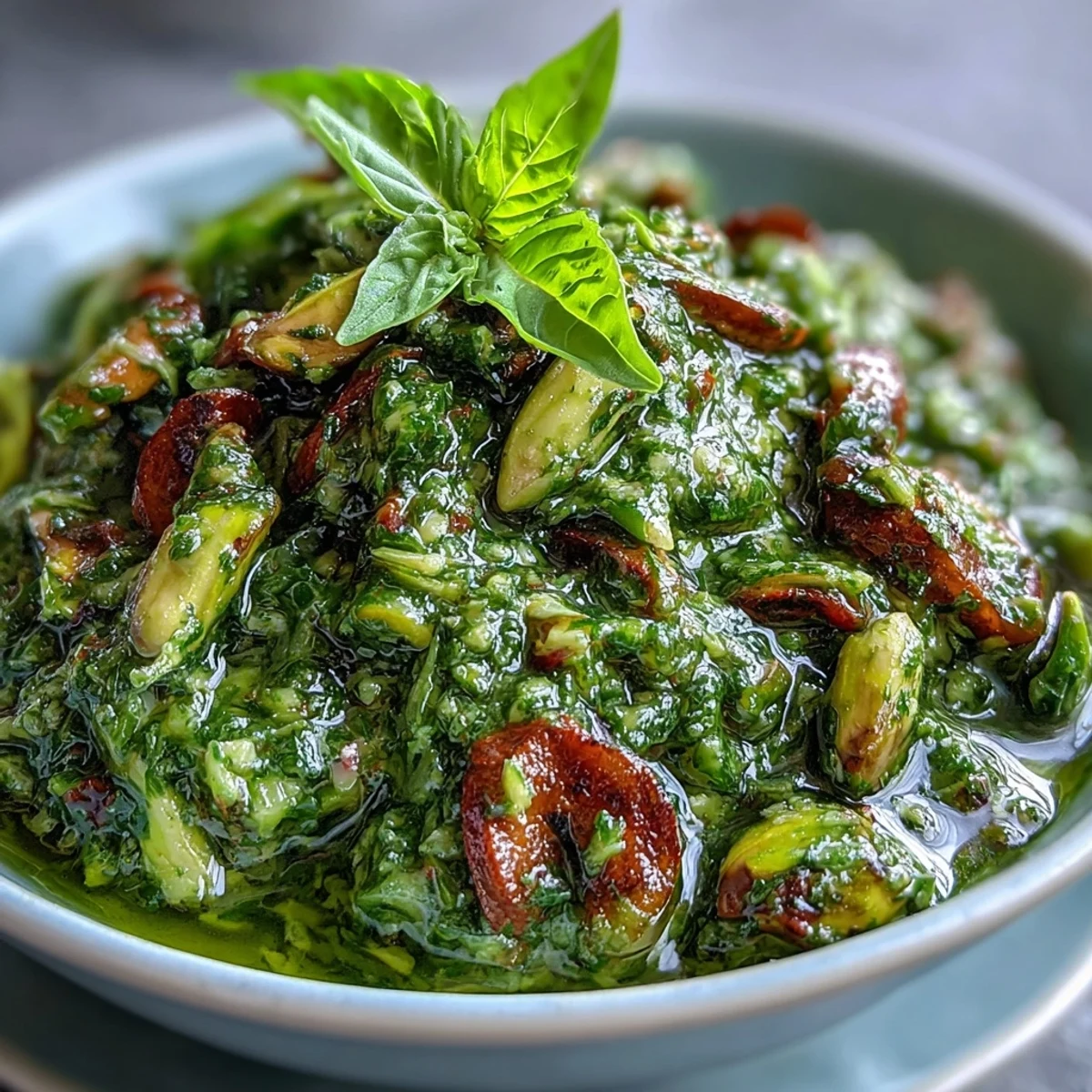 Rich, nutty pistachio pesto spread on toasted crostini, garnished with fresh basil leaves.