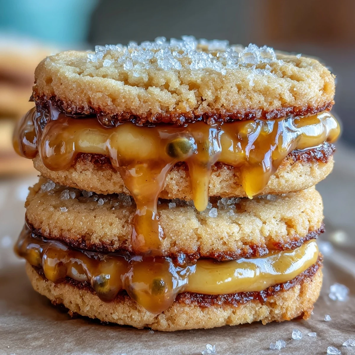 Delicate sugar cookies sandwich luscious passionfruit curd, offering a bright and tangy flavor in every bite.