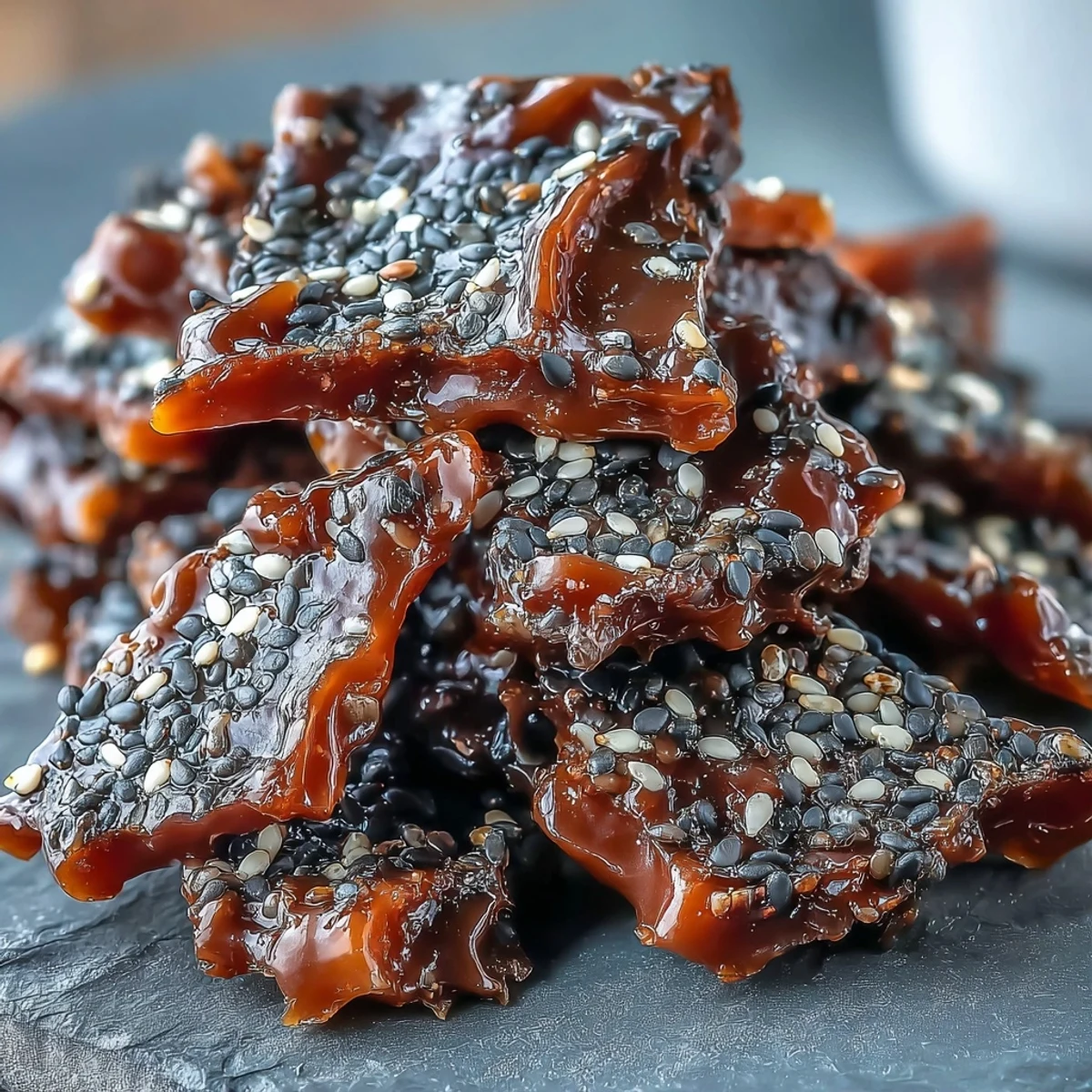 Crispy black sesame brittle with golden caramel and toasted seeds, perfect for snacking or dessert topping.  