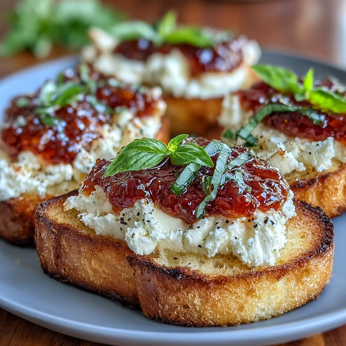 Golden toasted baguette slices topped with creamy goat cheese and vibrant chili jam for a sweet and spicy appetizer.  