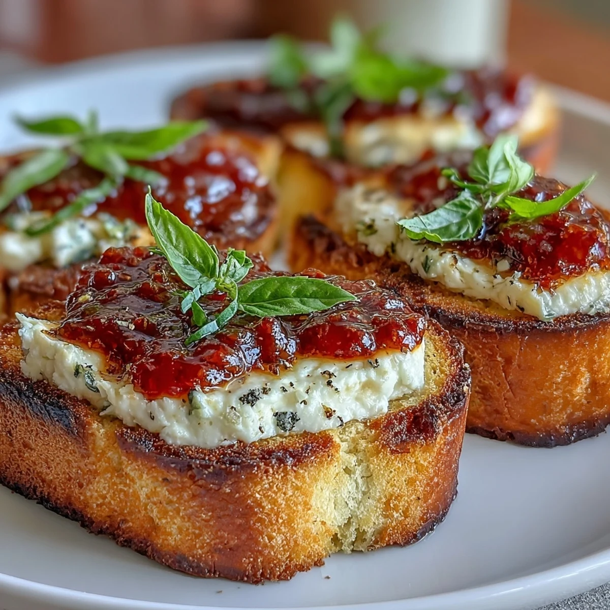 Rustic bruschetta with toasted bread, smooth goat cheese, and a drizzle of chili jam for bold flavor.