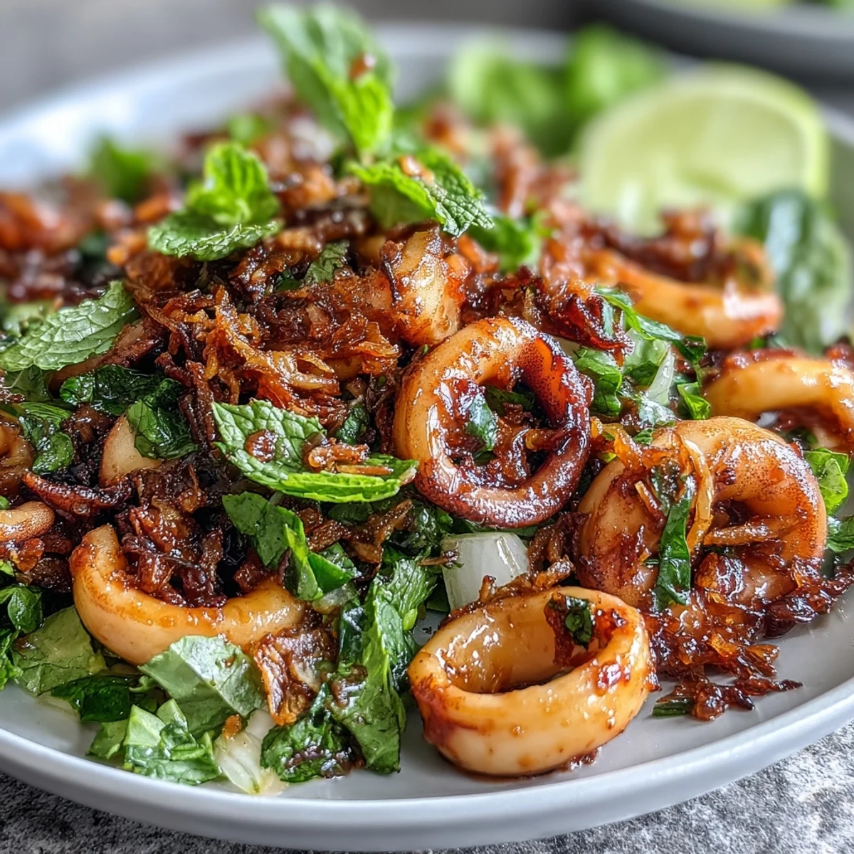 Chilli-Lime Squid Salad with vibrant greens, tender squid, and zesty dressing, topped with crispy shallots for crunch.