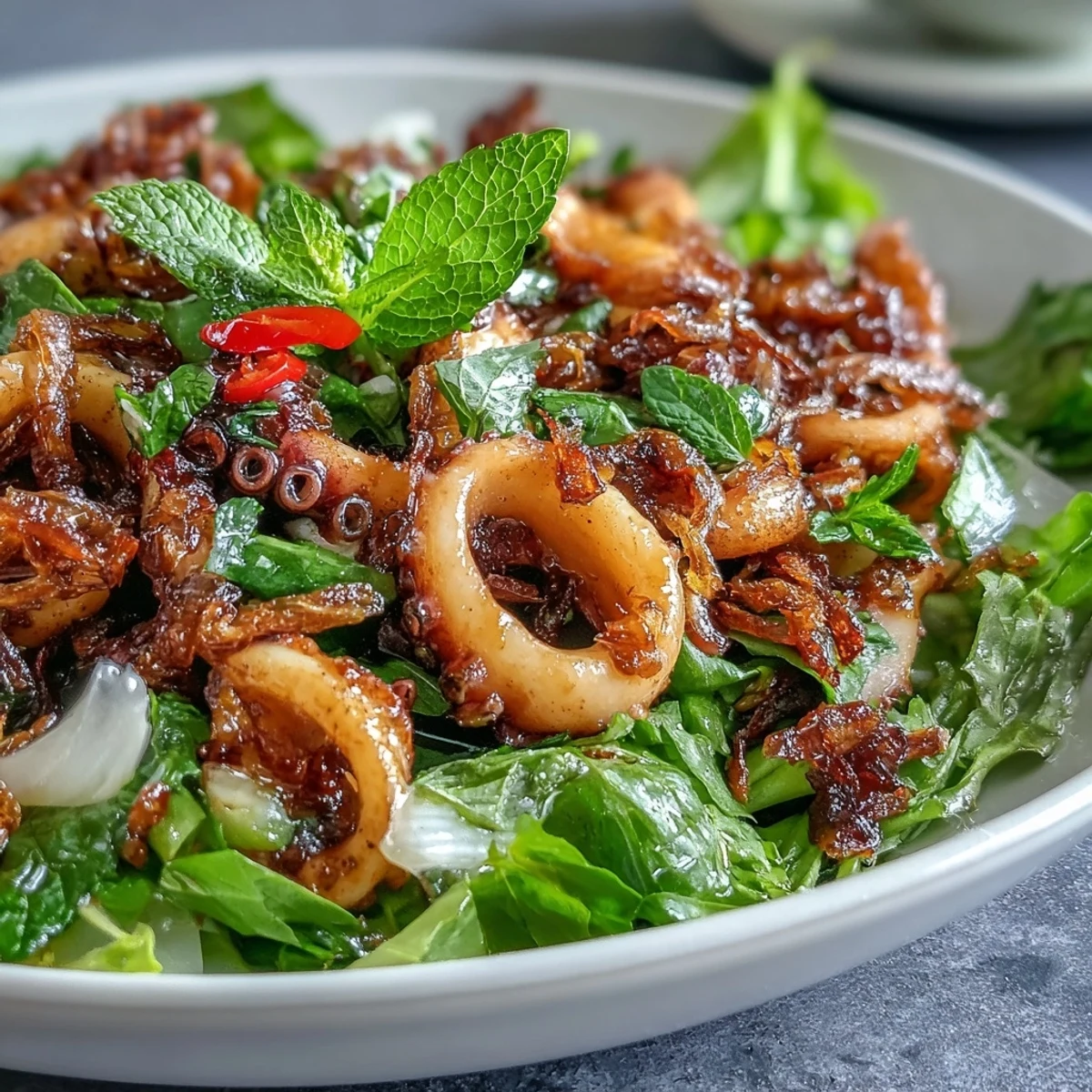Close-up of fresh salad ingredients and herbs for the Chilli-Lime Squid Salad.