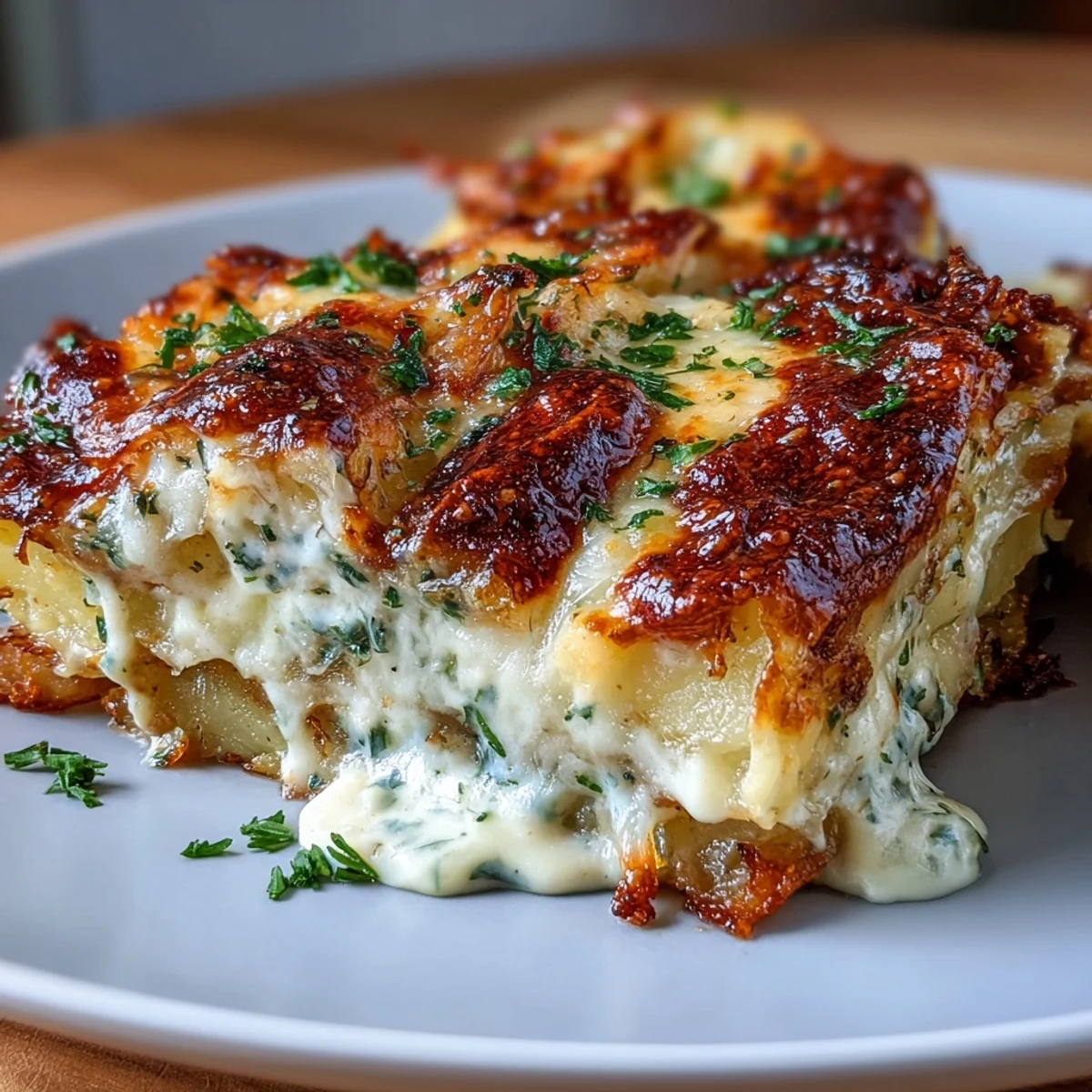 Decadent gratin with layers of tender smashed potatoes, rich cream, melted Gruyère, and fragrant thyme.  
