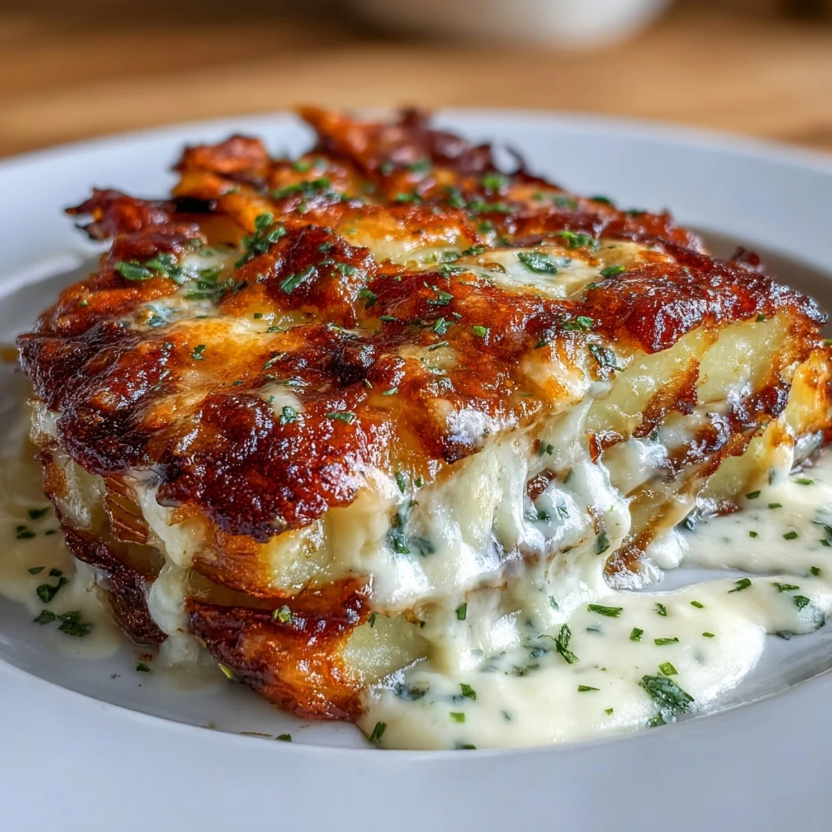 Luxurious creamy smashed potato gratin with bubbling cheese, crispy edges, and a sprinkle of fresh chives.