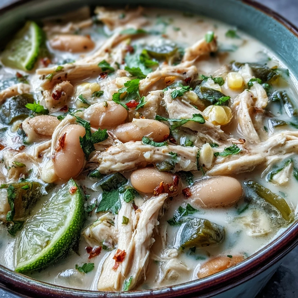 Hearty White Bean Chicken Chili with tender shredded chicken, creamy white beans, and vibrant spices in a rich broth.  