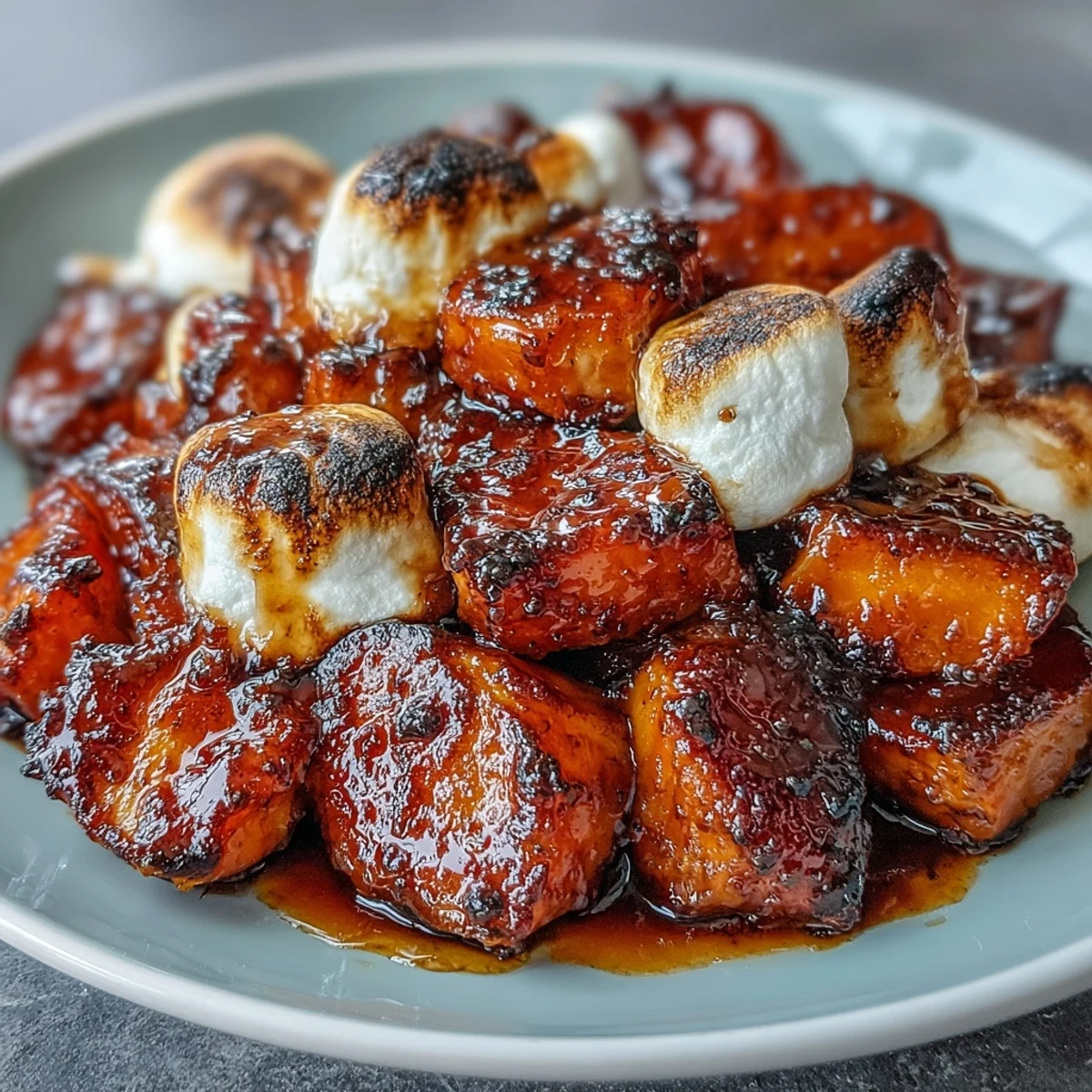 Golden candied yams topped with toasted marshmallows and a buttery vanilla glaze, perfect for holiday dinners.