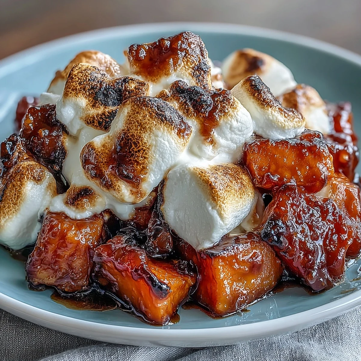 Warm baked yams glazed in brown sugar and maple syrup, finished with melted vanilla-scented marshmallows.