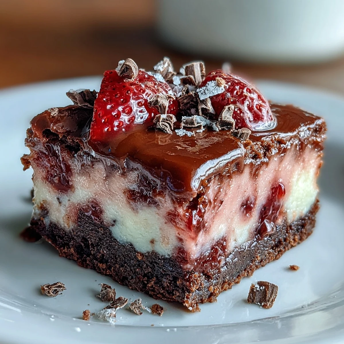 Decadent chocolate brownies swirled with creamy strawberry cheesecake, perfect for a romantic dessert.