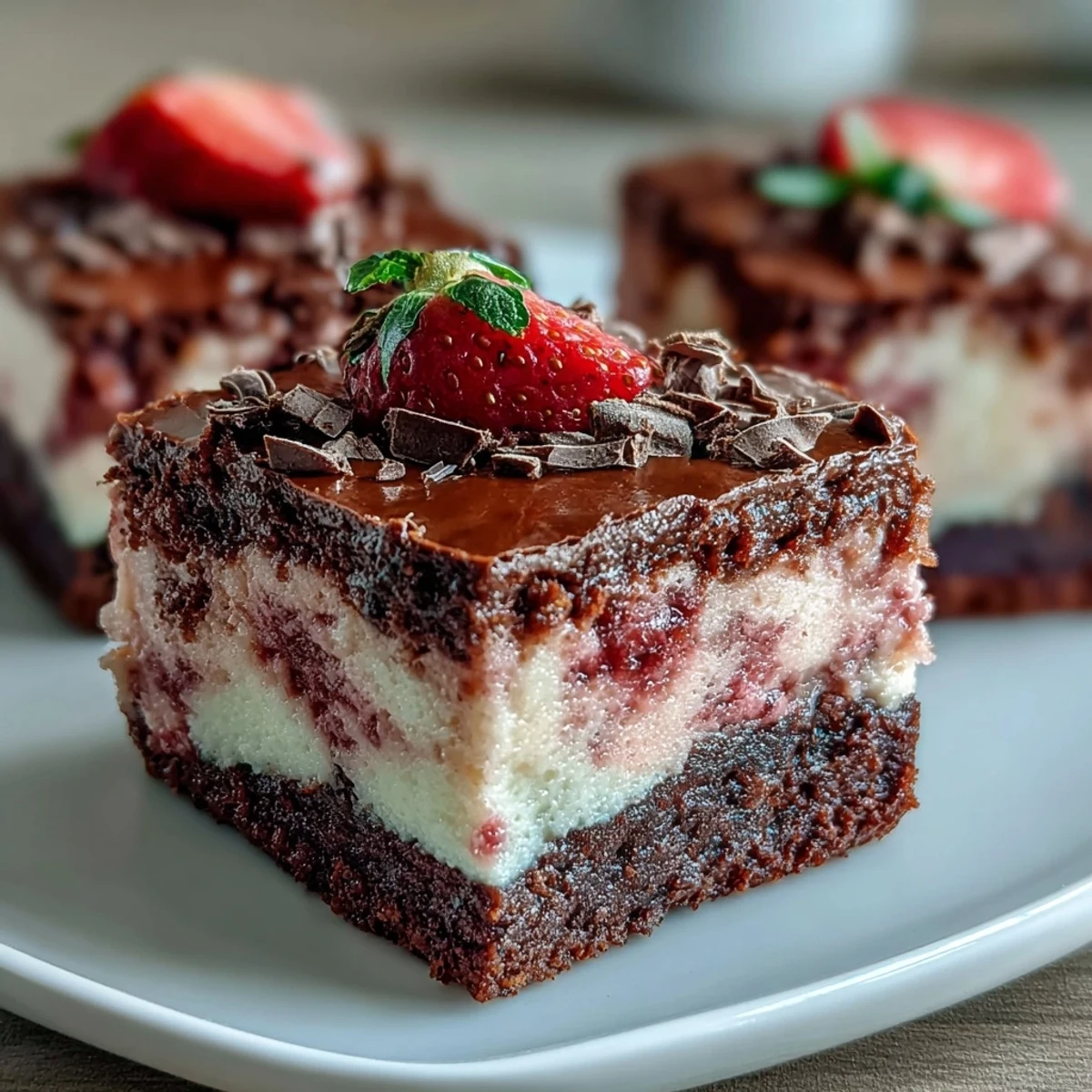 Fudgy Valentine brownies with rich strawberry cheesecake layers and fresh fruit garnish.