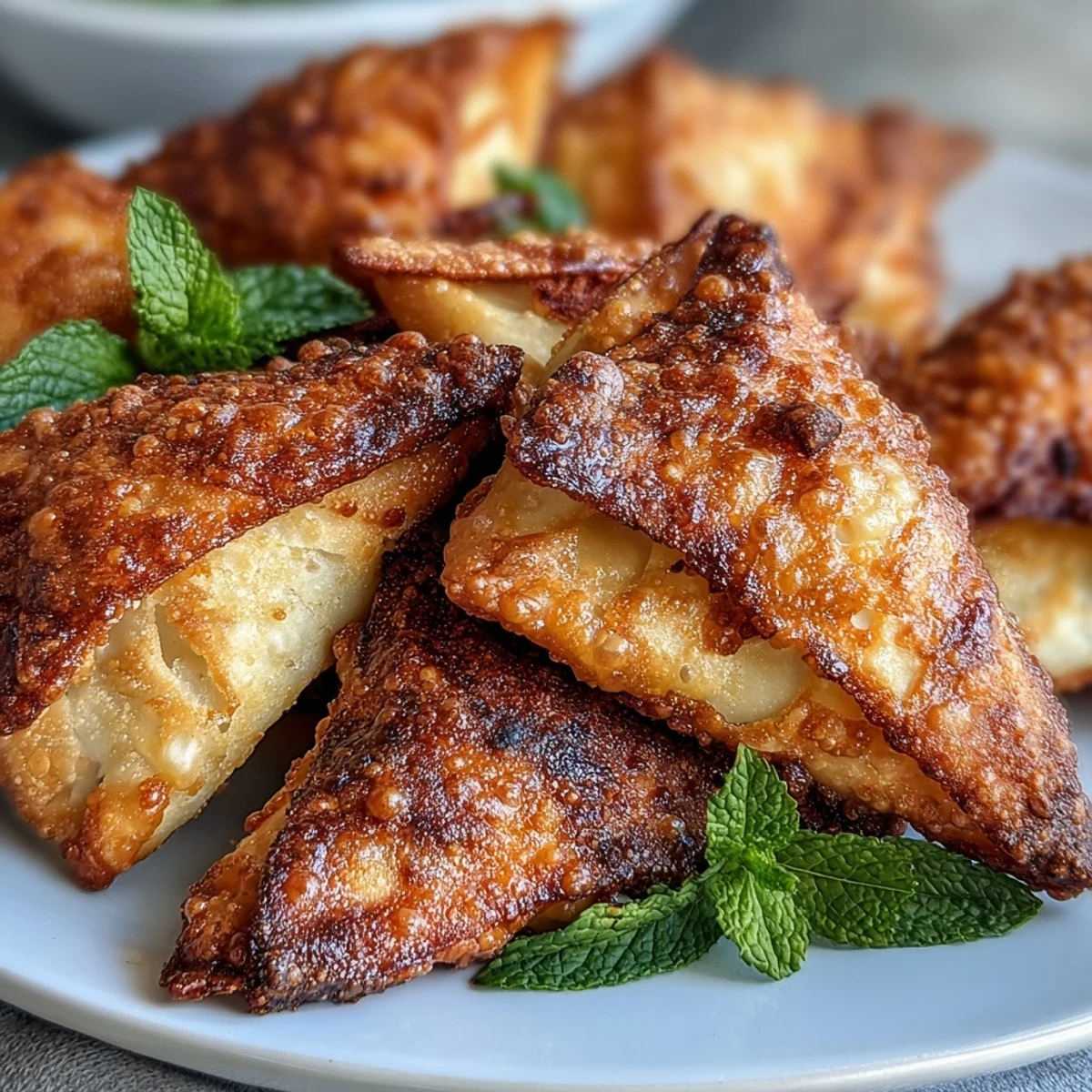 Golden, flaky samosas stuffed with tender vegetables and aromatic spices, paired with cooling mint chutney for dipping.  