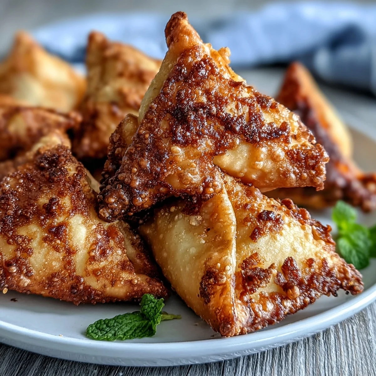 Savory vegetable samosas with a crunchy air-fried crust, served alongside vibrant, zesty mint chutney for a refreshing bite.