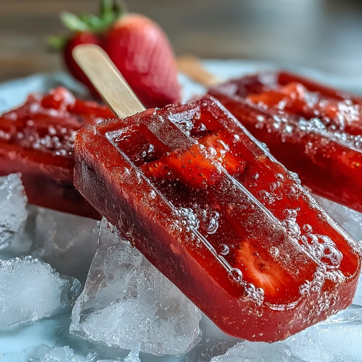 Galentines Strawberry Mimosa Popsicles with fresh strawberries and sparkling wine, served on a rustic wooden tray with edible flowers.