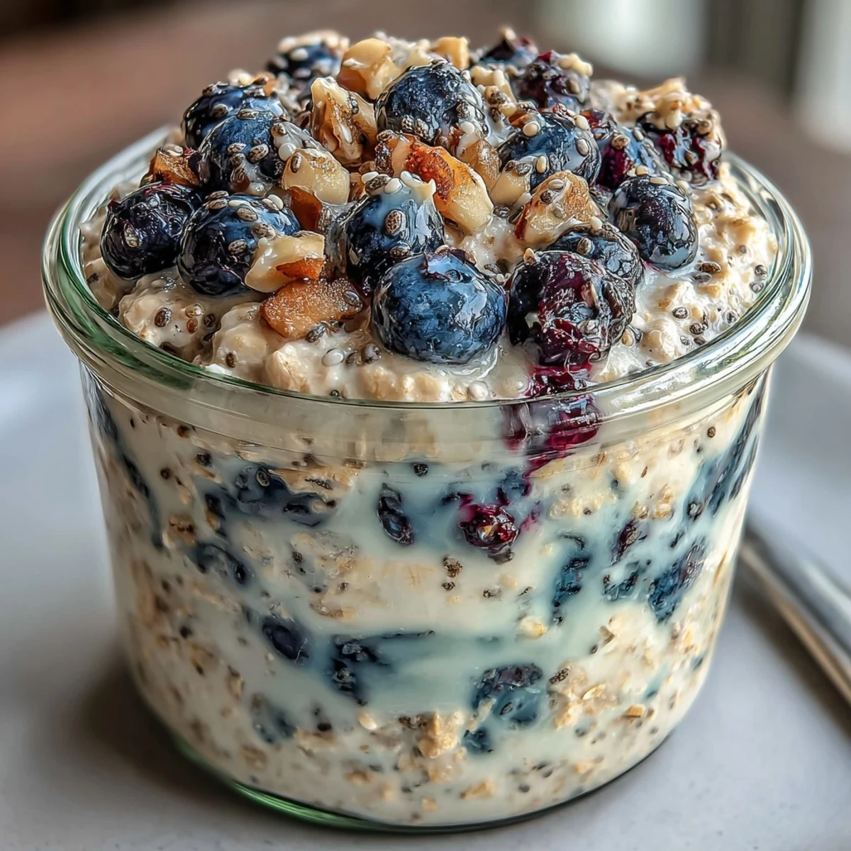 Bright blueberry overnight oats with lemon zest and chia seeds, layered for a beautiful morning treat.