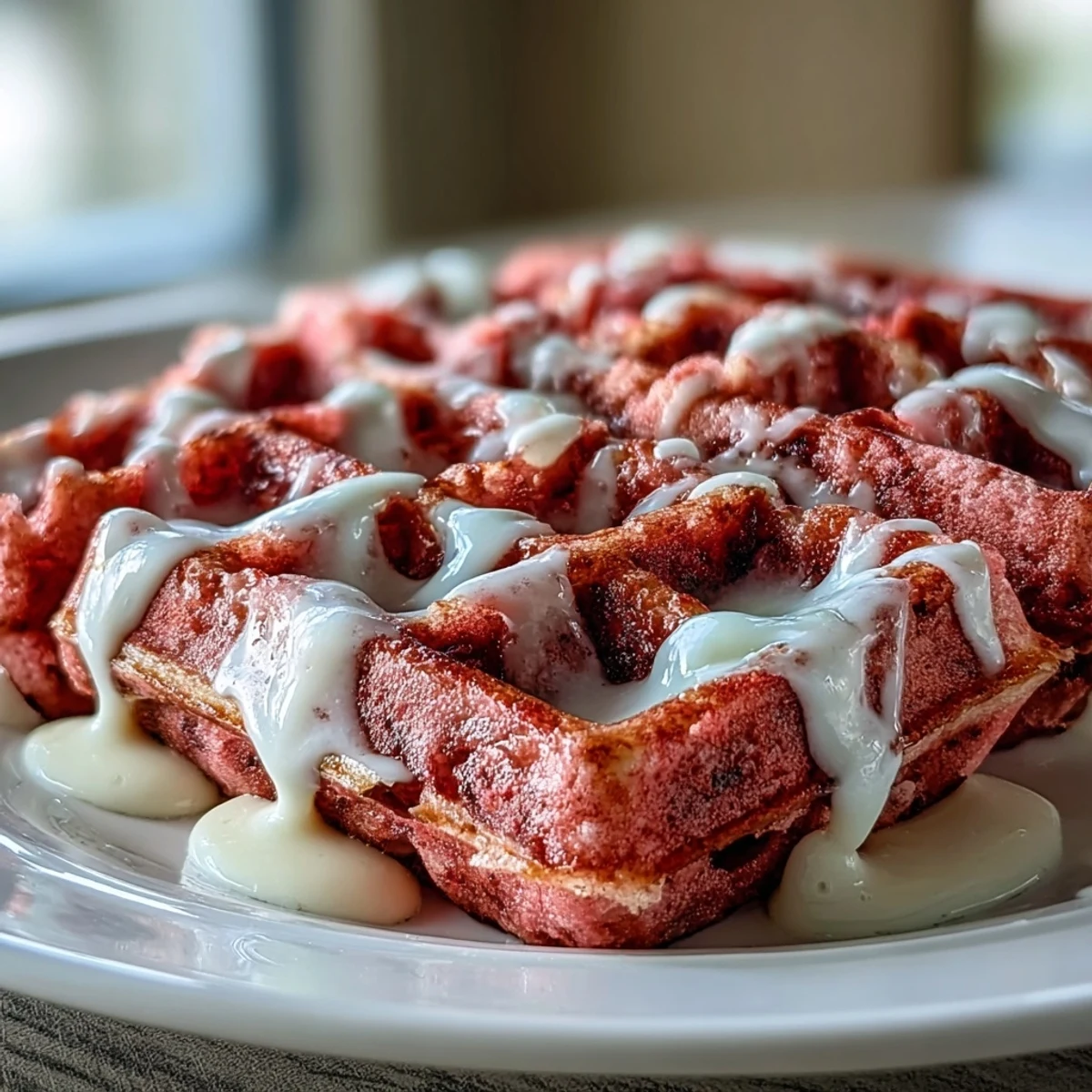 Soft, cocoa-flavored pink velvet waffles served warm with a smooth cream cheese drizzle, perfect for Galentines celebrations.